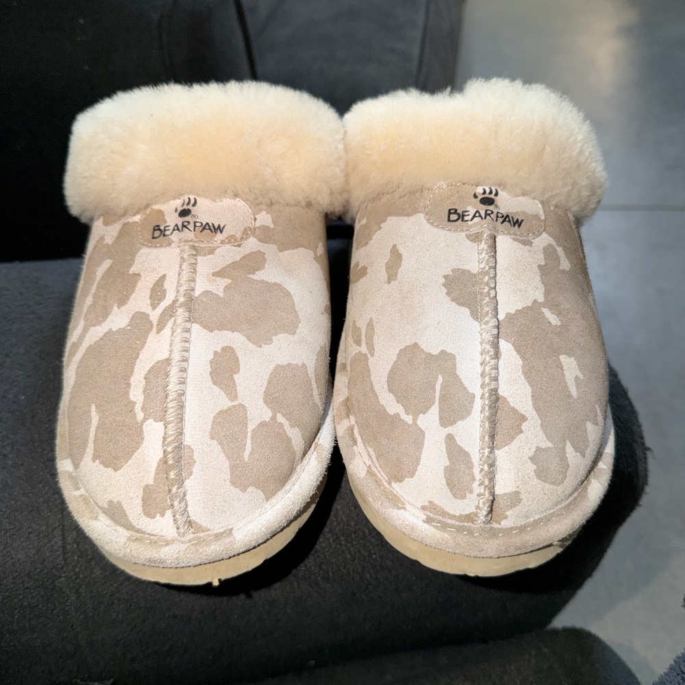 BearPaw Cream and Tan Leopard Shearling Slip-Ons